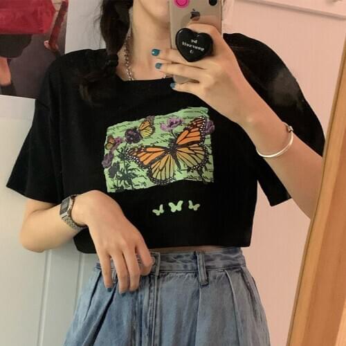 Womens t-shirts harajuku Multicolored butterflies Printed Crop Top y2k T Shirts Short Sleeve Shirt Cropped Print Tshirt Tees