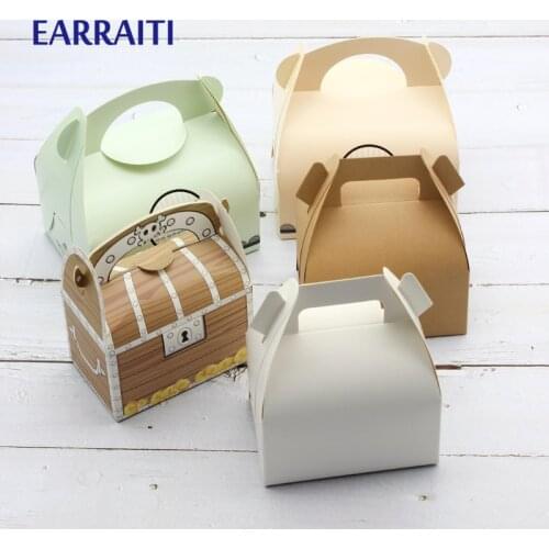 12PCS Kraft Paper Box With Handles Treasure Pattern Home Baking Mousse Cake Packaging Sweet Dessert Packing Boxes Pink Blue