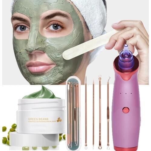3pcs Set Mask for Face Women Blackhead Remover Cleansing Mung Bean Mud Peeling Acne Needle Skin Tag Remover Face Vacuum Cleaner