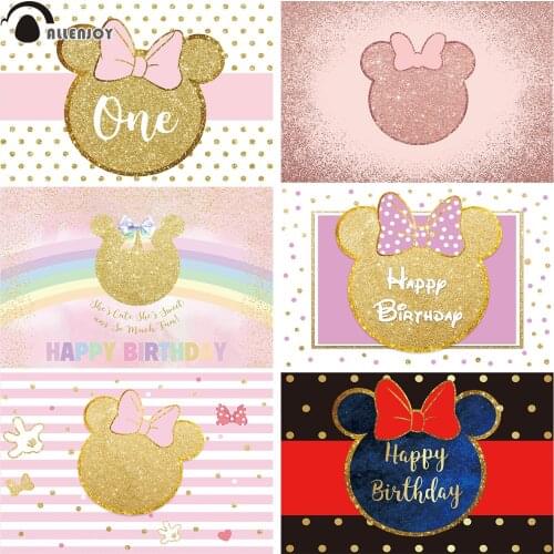 Allenjoy Cartoon Mouse Happy Birthday Backdrops Baby Shower Party Vinly Background Prince Princess Child Photobooth Curtains
