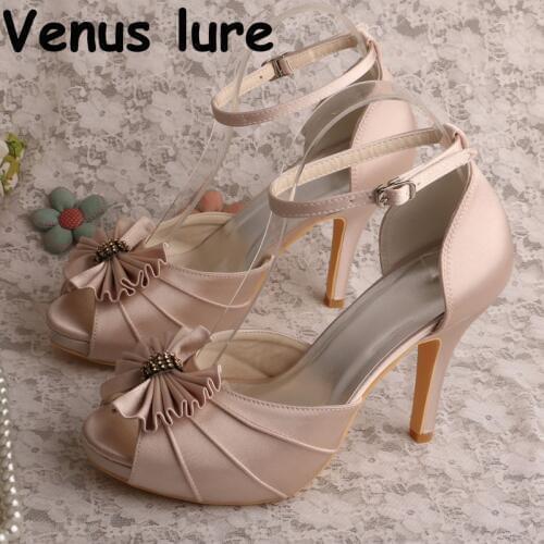 Nude Women High Heels Sandals Bridal Peep Toe Platform Party Evening Shoes with Bows