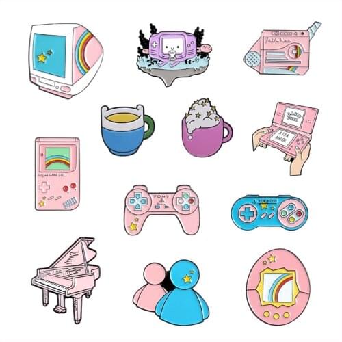 Cartoon Pink Piano Enamel Pins Retro Computer Game machine brooch cute coffee cup button badge Fashion Bag Jewelry for Friends