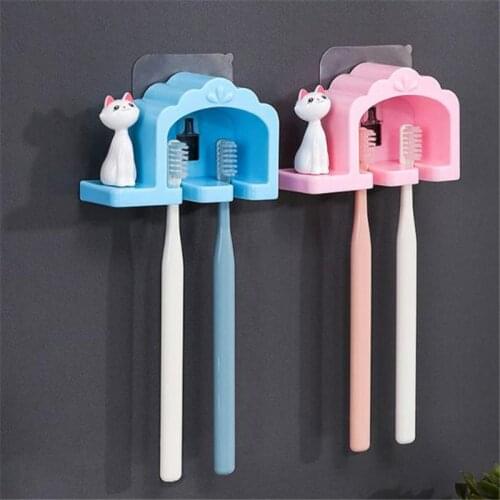 1Pcs Toothbrush Holder Sucker Cat Shaped Bathroom Accessories 2 Position Cute Wall Mount Toothbrush Rack Organizer