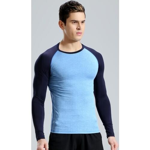 Men Sports Sweat Full Sleeve Shirt Basketball Running Muscle Blue Mens Training Compression Elastic Soft Quick Dry 081