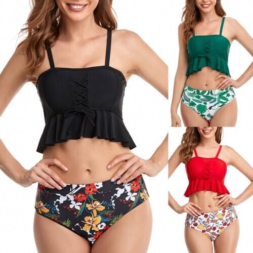 #FO Ruffles Swimwear Women Plus Size Print Tankini Separate Swimsuit Beachwear Padded Swimwear Swimming Suit For Women Biquini