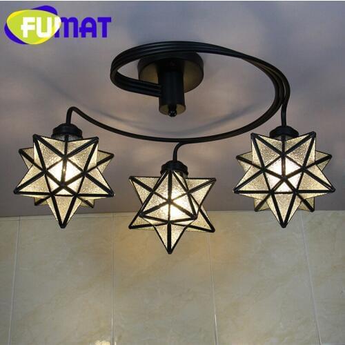 FUMAT Tiffany Stained Glass Art Decor 3Heads Ceiling Lights Loft Blue Star Sunflower Iron Art Color Lampshade LED Ceiling lamp