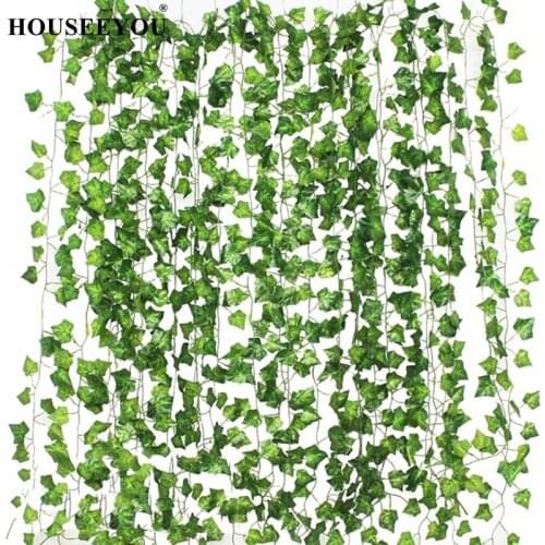 12pcs Green Fake Leaves Garland Plant Vine Foliage Home Decor Plastic Rattan String Wall Artificial Flowers