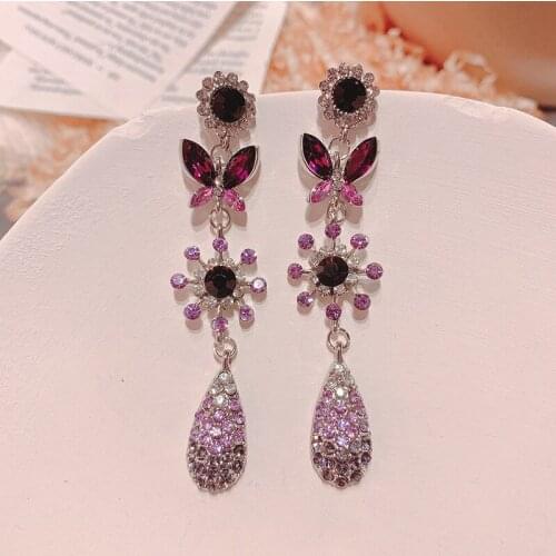Korean Luxury Crystal Butterfly Dangle Earrings For Women Girls Elegant Flower Fashion Party Jewelry Gifts