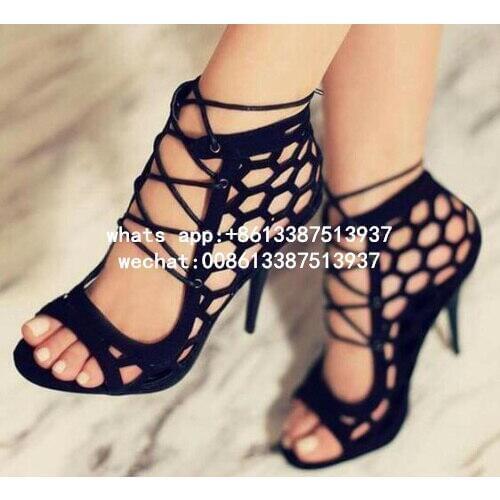 Top Selling 2017 Summer Sexy Women Solid Black Open Toe Cross Lace Up Gladiator Cuts Out Thin Heels High Heel Sandals Party Shoe