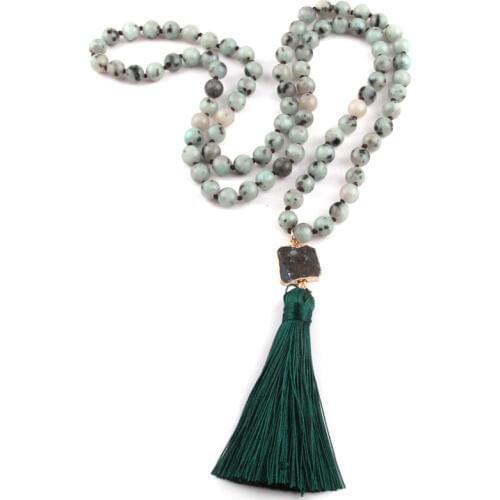 MOODPC Fashion Yoga Jewelry Pink Stone Square Druzy Charm Pendant Bohemian Tribal Jewelry Long Tassel Necklace