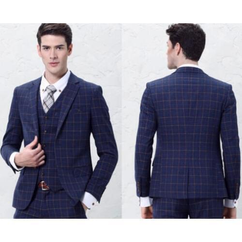 Notch Lapel Checkered Men Suits Latest Designs Fashion Terno Masculino Custome Homme Blazer Men Tuxedos(Jacket+Pant+Vest+Tie)