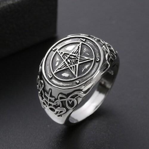 Mens 925 Vintage Aging Effect Thai Silver Devil Pentagram Band Badge Ring Party Gift Jewelry Ring Wholesale Size 8-13