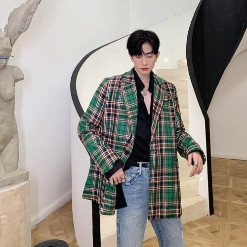 Men Vintage Green Plaid Fashion Casual Suit Coat Male Japan Korea Streetwear Suit Blazer Jacket Outerwear