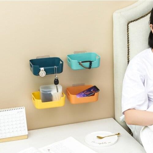 Wall Mount Plastic Storage Box Bin Bedside Floating Shelf Basket Adhesive Rack