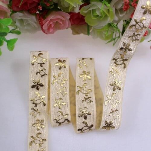 New come!! 5/8" gold foil Turtle printed fold over elastic 815 cream, foe elastic for hair accessories, 50yards/lot