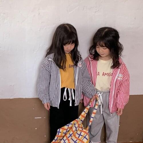 2021 Autumn New Kids Jackets Korean Toddler Girls Casual Plaid Jacket Childrens Fashion Zipper Coats for Girls Baby Outerwear