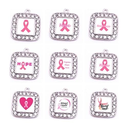 New Breast Cancer Awareness Pink Ribbon Square Rhinestone Pendant Charms For DIY Bracelet & Necklace Jewelry Making 10pcs/lot