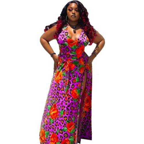 Floral African Maxi Dress Women 4XL Plus Size V Neck High Split Robe Summer New Fuchsia Leopard Print African Beach Long Dresses