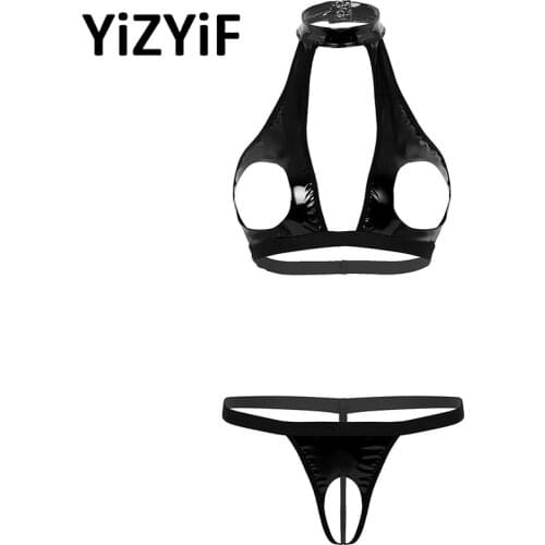 Sexy Women Tankini Swimsuit Mini Bikini Two Piece Swimwear Sexy Lingerie Faux Leather Bra Top With Crotchless G-string Underwear