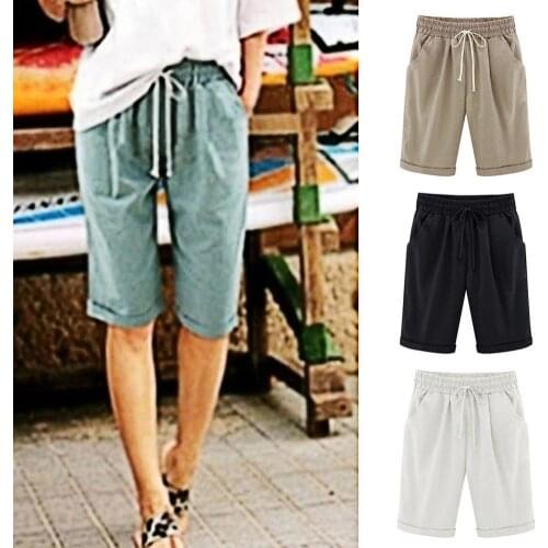 Women Shorts Solid Color Loose Summer Knee Length Pockets Shorts Sports Casual Loose Beach Party Elastic Waist Short Clothing