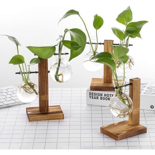 Glass and Wood Vase Planter Terrarium Table Desktop Hydroponics Plant Bonsai Flower Pot Hanging Pots with Wooden Tray Home Decor