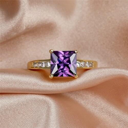 Shining Purple Crystal Square Zircon Ring Vintage Fashion Yellow Gold Engagement Rings For Women Wedding Jewelry Cute Stone Ring