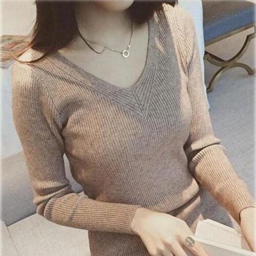 FNOCE 2020 winter new womens sweater simplicity fashion casual solid v-neck long sleeve tight stretch slim elegant sweaters