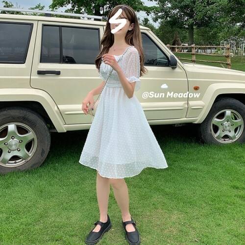Skirt 2020 Summer New Korean Girls Micro-Transparent Polka Dot Chiffon Skirt Design Pleated Lace-up Dress Female lolita dress