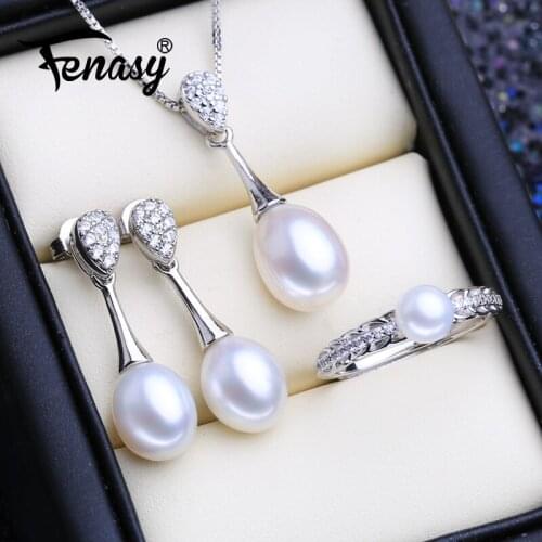FENASY 925 Sterling Silver Jewelry Sets Natural Pearl Stud Earrings Custom Bohemian Crystal Pendant Chain Necklace For Women