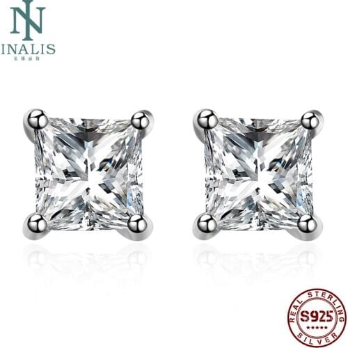 INALIS S925 Sterling Silver Stud Earrings For Women Shinning Clear Square Zircon Earring Charm Ladies Birthday Accessories Gift