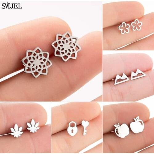 Unique Small Korean Earrings Women Fashion Jewelry Stainless Steel Key Apple Cadana Leaf Mandala Flower Earring Children
