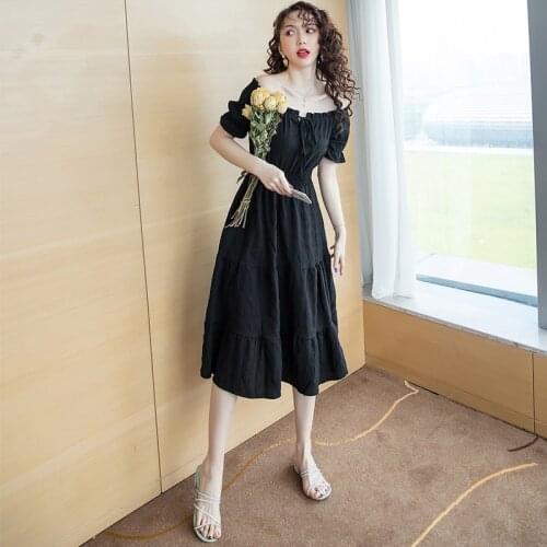 Casual Short Sleeve Off shoulder Beach Vacation Midi Dresses black Vintage solid Women 2021 Summer Dress women dress