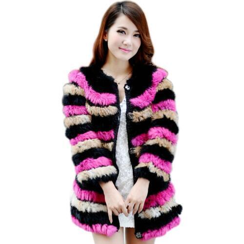 Anna small knitted rabbit fur womens fur coat medium-long o-neck