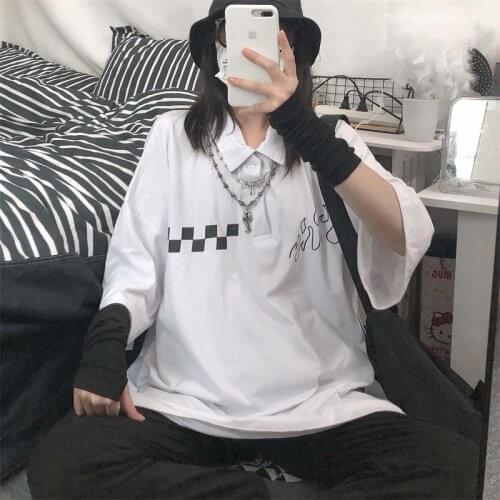 Zoki Fashion Women Polo Shirts Print Pattern Tees Short Sleeves Polo Collar Loose Harajuku Style Street Wear Hot Summer New 2021