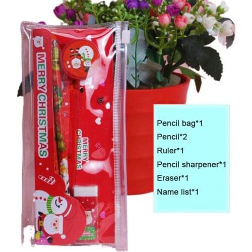 5Pcs/Pack Cute Christmas Stationery Set Pencil Ruler Earser Sharpener Pencil Case Stationery Set For School Gir Boy Gift