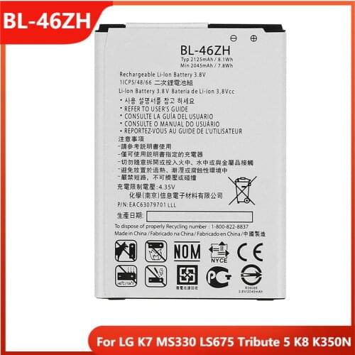 Original Phone Battery BL-46ZH For LG K7 MS330 LS675 Tribute 5 K8 K350N BL-46ZH Replacement Rechargable Batteries 2125mAh
