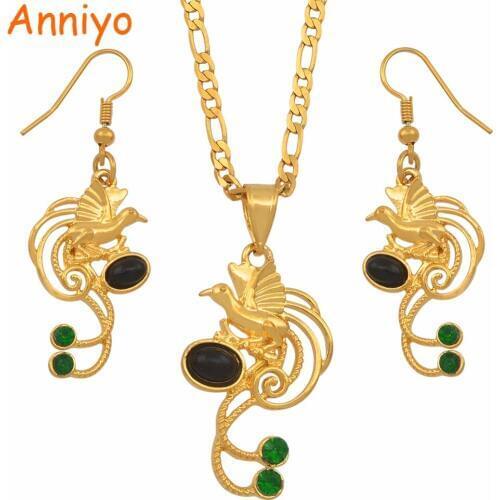 Anniyo Papua New Guinea Black Pearl & Green Stone Bird Pendant Necklace Earrings Sets PNG Ethnic Jewelry Party Gifts #137906GN
