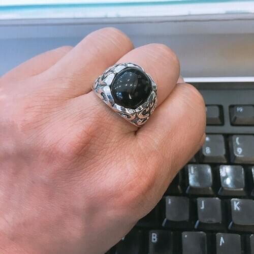 BOCAI New real pure S925 silver retro craftsmanship inlaid black agate Man ring fashionable Valentines Day gift