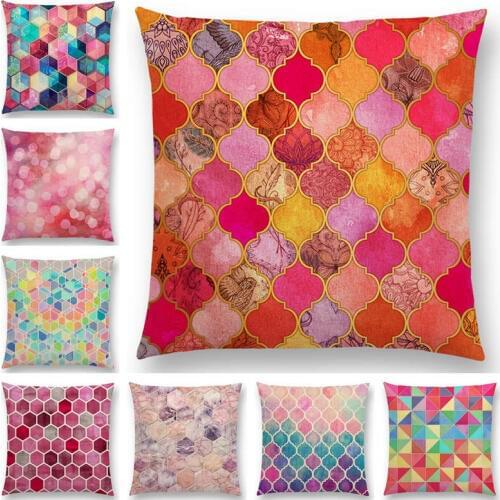 Hot Sale Rainbow Pastel Watercolor Moroccan Hexagon Pattern Colorful Gemstone Crystal Cubes Cushion Cover Sofa Throw Pillow Case