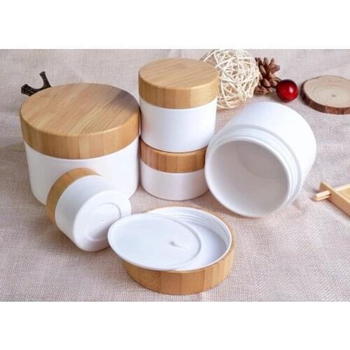 Eco friendly hair mask cosmetic packaging white 30g 50g 150g 250g bamboo lid plastic cream jar Empty Bamboo Cosmetic Jars 8oz