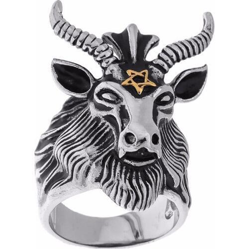 Lureme Mens Stainless Steel Satan Star of David Ram Worship Baphomet Goat Head Biker Ring (rg002027)