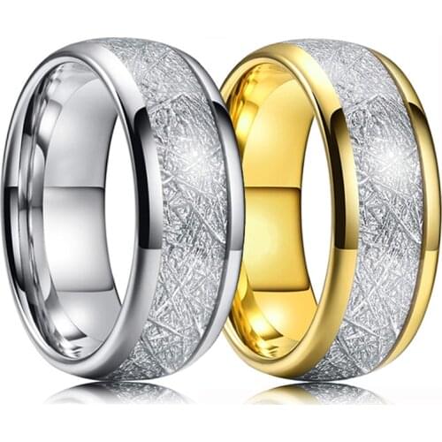 Fashion 8mm Mens Golden Tungsten Carbide Ring Vintage Meteorites Inlaid Dome Engagement Ring For Men Wedding Band Jewelry
