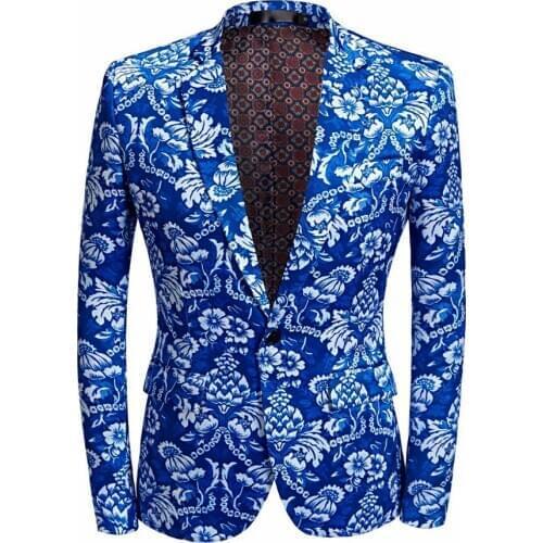 Tide Men Plus Size Court Blue Floral Print Fashion Casual Suits Latest Coat Pant Designs Wedding Groom Stage Costume homme