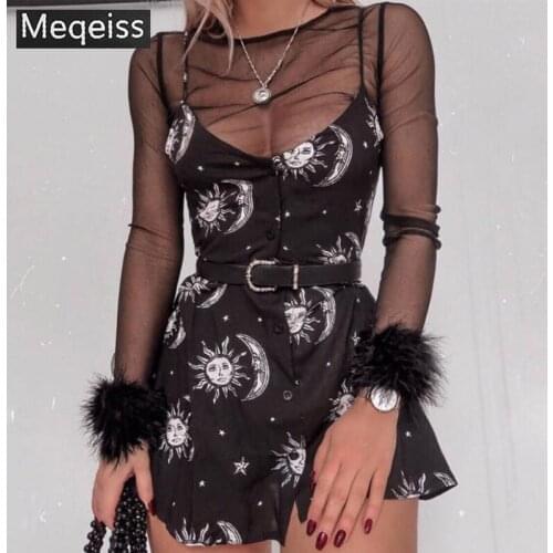 Meqeiss 2020New Women dresses loose v-neck sleeveless mini dress black sun moon star printing Elegant Female spring summer dress
