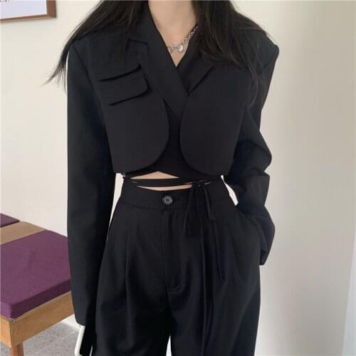 Korean Autumn Two Piece Set Women Crop Top Sexy Lace-up Blazer Coat + High Waist Pants Suit Sets Streetwear 2 Piece Sets Women