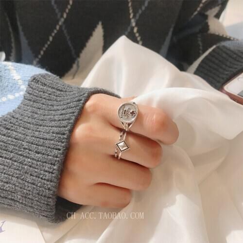 Original S925 Sterling Silver Geometric Circle Rings Adjustable Set Kpop Rhombus Female Vogue Leisure Girl Wholesale Lots Bulk