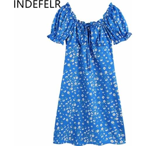 TRAF womens 2021 fashion Summer New French Vintage Blue Rags Dress Bubble Sleeves Square Collar Slim A-Word Skirt