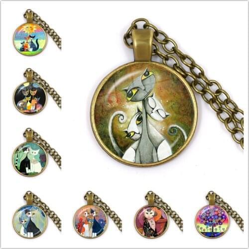 The Family of Cats Pendant Necklace Abstract Oil Painting Kitten Glass Cabochon Necklaces For Women Mens Gift