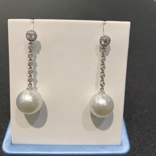 12-12.5MM natural southsea pearl earring long 18K white gold with diamond genuine luxury jewelry fine women jewelry classic