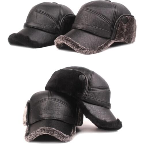 Keep Warm Winter Hats Fashion Men Leather Baseball Cap Outdoor Soft Plush Warm Visors Hat Ear Protection Skiing Hat Gorras